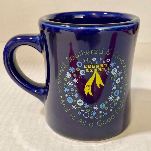 Cobalt Blue Ceramic Waffle House Christmas Coffee Mug Cup 2017 Snowflakes Tuxton - Picture 3 of 9